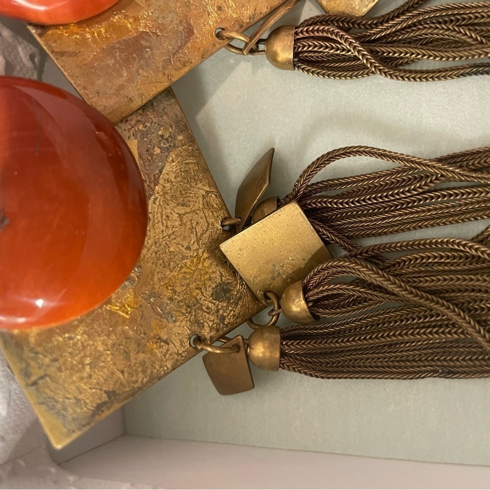Boho Clip-On Metal Stone Earrings Gold w/ Orange - Picture 7 of 8
